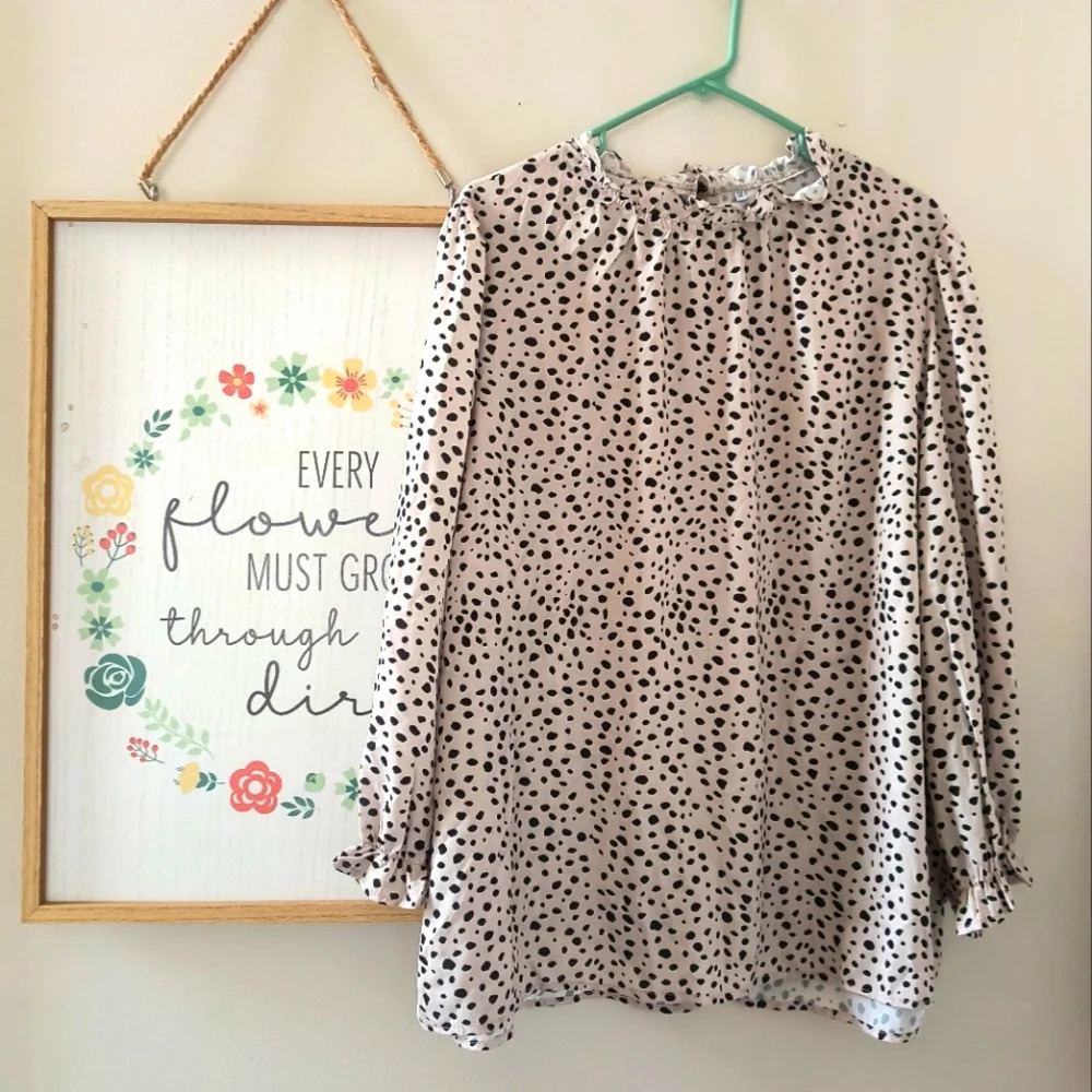 XL women's cream black ruffle dress shirt polka dot office casual silky blouse